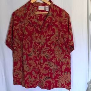 Vintage Alfred Dunner Women's Red Top 18  Button-Up Paisley Sheer Blouse